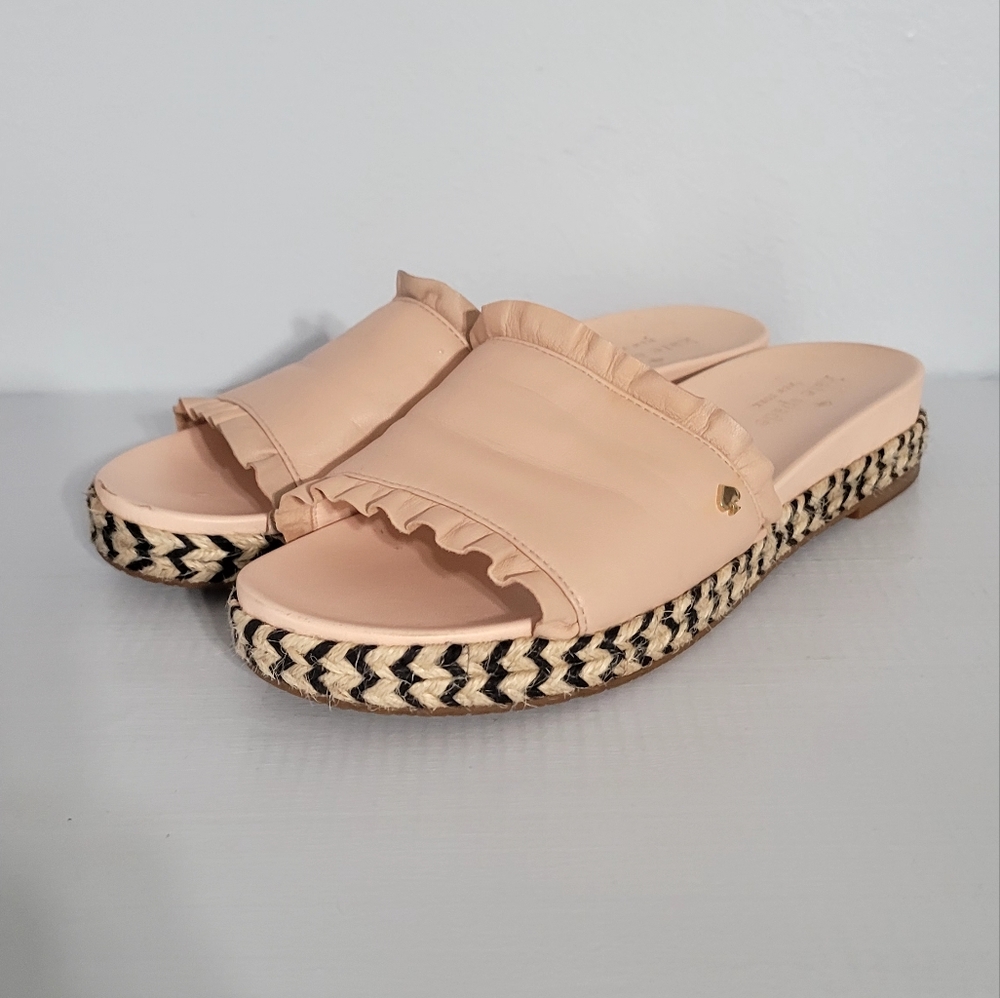 KATE Spade Slides Zahara Ruffle Trim Slides Flat Nude Shoes Espadrille Women 7.5